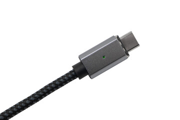 USB Type C cable isolated on white  background. Mobile phone charging cable. White Type C cable for charging a smartphone isolated