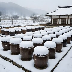 겨울 야외 마당에 놓인 장독대에 눈이 쌓여잇다Snow is piled up in the crockery in the winter outdoor yard
