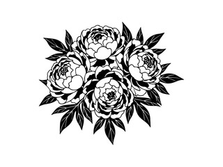 Black and white vector illustration of peonies and leaves 