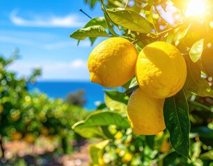 Ripe lemons on tree branch with sunlight and ocean view