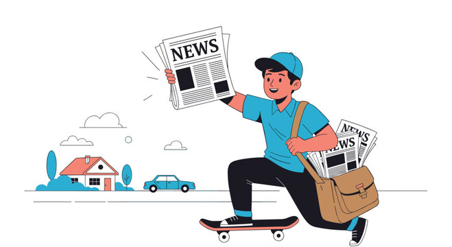 Happy paperboy on a skateboard delivering the daily news in a suburban neighborhood, holding up a fresh newspaper for everyone.