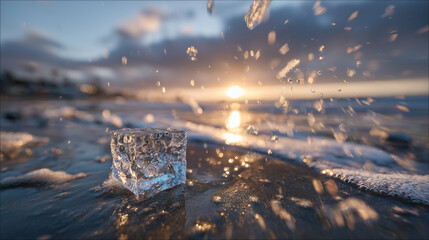 Low-angle beach shot of melting ice cube, warm sunset reflected on icy surface, small water droplets around, wet sand textures highlighted, artistic contrast of cold and warm eleme