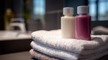 Vibrant shampoo bottles paired with white towels, sleek modern bathroom environment, soft sunlight enhancing textures, calm and inviting spa atmosphere