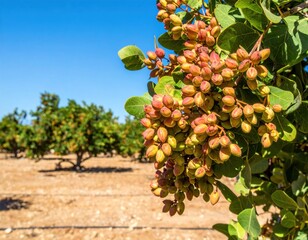 Ripening pistachios on a tree branch in a sunny orchard under a clear blue sky