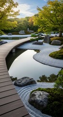 Curved wooden walkway arches over still water in meticulously maintained serene garden