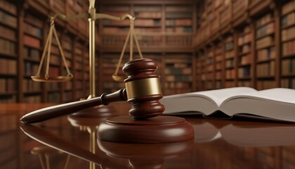 Justice and the Rule of Law: Gavel, Scales, and Books in a Traditional Legal Library Setting Symbolizing Authority.