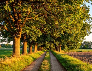 Rural dirt road with avenue of trees at golden hour