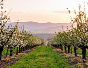 Cherry orchard in full bloom at sunrise with distant hills and serene sky