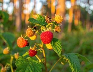 Ripe and Unripe Raspberries on a Bush in Golden Hour Sunlight