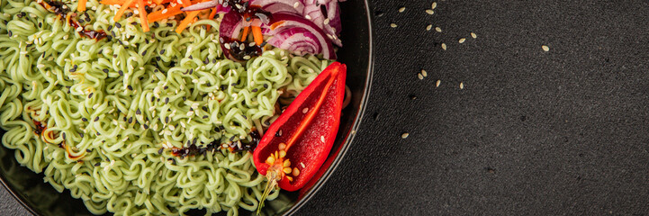vegetarian noodles jade noodles with vegetables green noodles healthy food budha bowl main course...