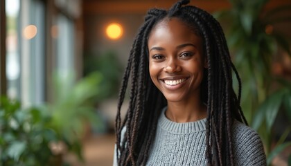 Young African American woman with dreadlocks smiles warmly, indoors near plants and window. Natural light highlights her cheerful expression and casual gray sweater. Confident and friendly vibe.