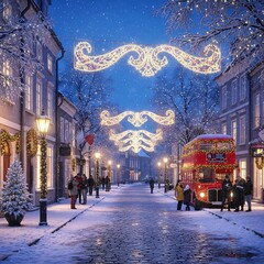 Festive seasonal illumination decorates a snow-covered European town street scene at dusk