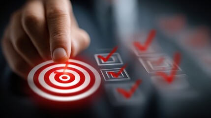 Business professional selects target goal and checks progress on checklist in an office setting during daytime