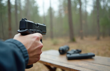 Man aims handgun in forest clearing. Another pistol and binocular rest on wooden table. Gloomy day with sparse trees behind. Outdoor firearm practice session.