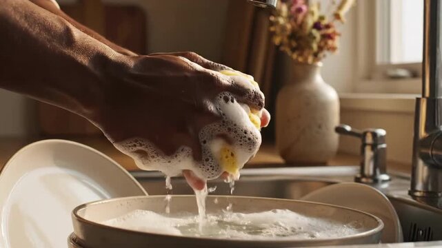 Hand Washing Dishes With Sponge And Soap In Sink, Performing Housekeeping Tasks At Home