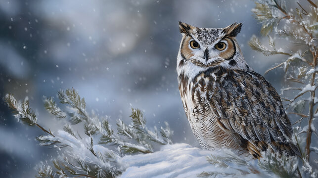 Majestic owl with detailed feathers navigating snow, soft shadows on white ground, serene snowy forest beyond, subtle snowfall enhancing winter atmosphere, focused and contemplativ