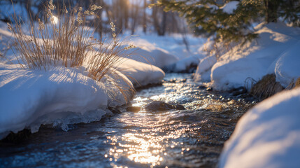 Close-up of a gentle stream flowing through fresh snow, golden light from the setting sun reflecting on water ripples, snow-covered banks softly blurred, serene winter tranquility