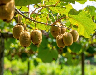 Ripe Kiwi Fruits Hanging on a Vine in a Sunny Orchard