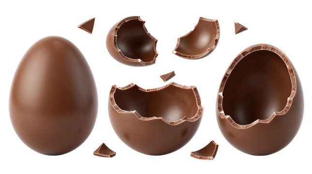 Broken chocolate egg with scattered pieces.