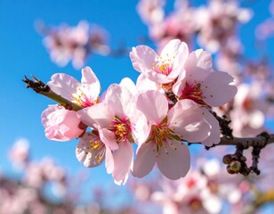 Vibrant Pink Almond Blossoms Against Blue Sky in Spring