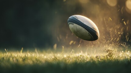 Rugby ball in motion over green grass field showing speed, energy and competition, dynamic outdoor sport action concept for team game, training, match, tournament and athletic poster or banner design