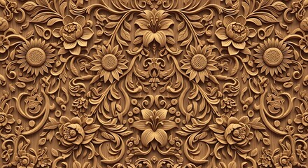 Intricate naturalistic floral pattern meticulously carved into light brown wood paneling