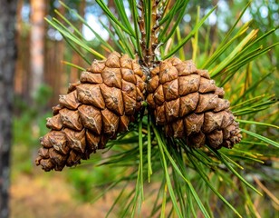 Close up of two pine cones on a green pine branch in a forest