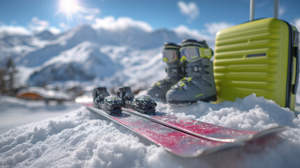 Fototapeta premium Close-up of ski equipment and colorful suitcase on snow, boots, gloves, and poles arranged artfully, sunlit alpine mountains in the distance, warm light reflecting off pristine sno