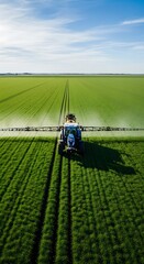 Agricultural machinery applies treatments to a vast green crop field under a clear sky