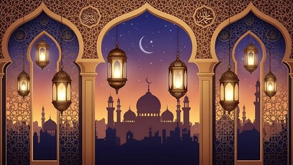 Beautiful Islamic archways with glowing lanterns overlooking a mosque silhouette and crescent moon at twilight, perfect for Ramadan or Eid celebrations.