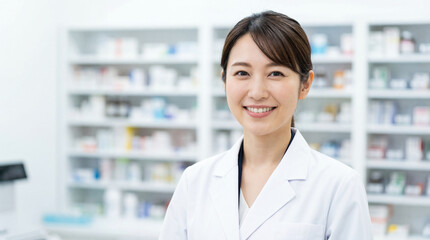 Asian pharmacist woman is smile wear uniform in pharmacy interior.