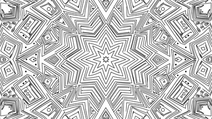 Abstract geometric mandala pattern with bold black line symmetry star shapes creating decorative seamless background for modern artistic design projects