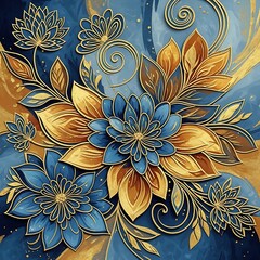Ornate floral arrangement depicts intricate blue blossoms and golden foliage against a swirling abstract background