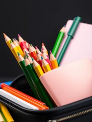Pencil case filled with colorful pens and pencils for school,  stationery,  colorful