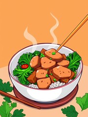 Pad Kana Moo Krob illustration, savory crispy pork stir-fried with kale in a vibrant vector design,  vector,  savory