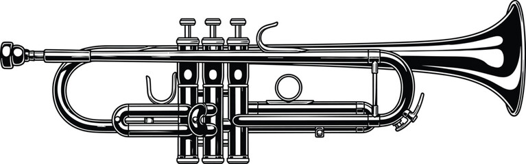 Detailed black and white trumpet line art illustration isolated on white background for music education, jazz culture, and instrument design © Mst