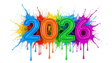 Vibrant 2026 colorful paint splash numbers on white background