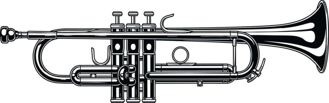 Detailed black and white trumpet line art illustration isolated on white background for music education, jazz culture, and instrument design