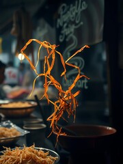 Charred rice ribbons dance in a fiery ballet, a nostalgic whisper of a bustling street food stall, rendered in ethereal, muted tones,  pan cooking, charred noodles
