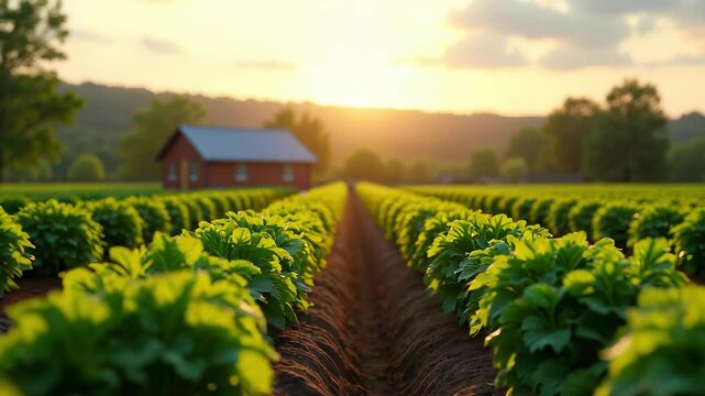 scenic view of farm with rows of crops leading toward small house, bathed in warm sunset light. sun sets over farm, casting golden glow on crops. small red house stands in distance.