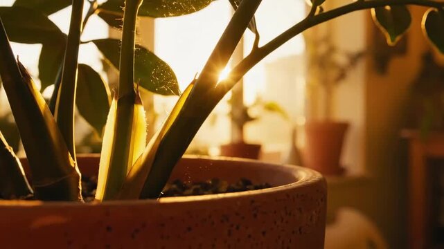 Golden Hour: A Zamioculcas Zamiifolia Plant bathed in Soft Sunlight Indoor House Environment