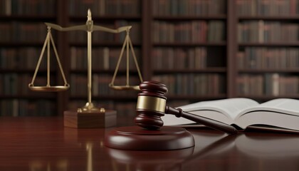 Justice and legal authority represented by a classic gavel, scales, and open law book on a wooden desk in a library.