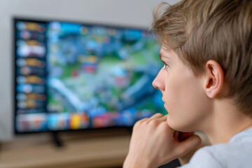 Young male gamer focused on digital trophy list displayed on screen, showcasing achievements and progress in gaming, immersed in the virtual gaming environment