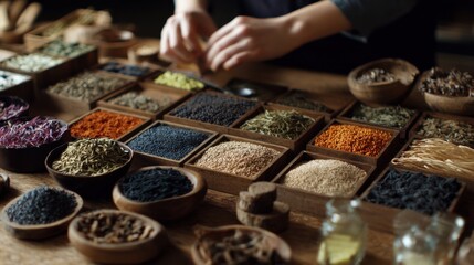 Medium shot of artisan hands selecting various organic seeds while using digital sampling tools to capture natural sound details