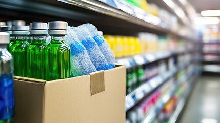 A cardboard cooler box with green bottles and blue ice packs sits on a retail store shelf displaying various products