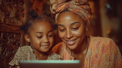 Mother and daughter share a moment while reading together at home in the evening