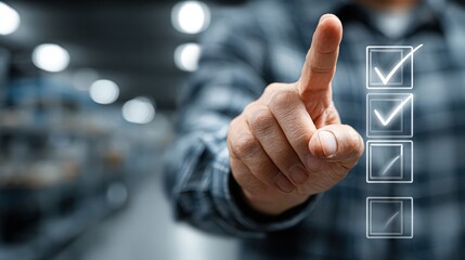 Person points at checklist on screen while standing in a warehouse during work hours