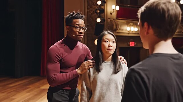 Diverse group of young actors rehearsing a scene on a theater stage.