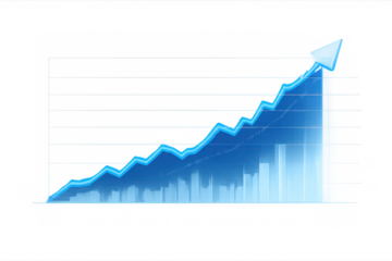 Blue rising stock market chart showing financial growth and business success, moving up with an arrow on transparent background