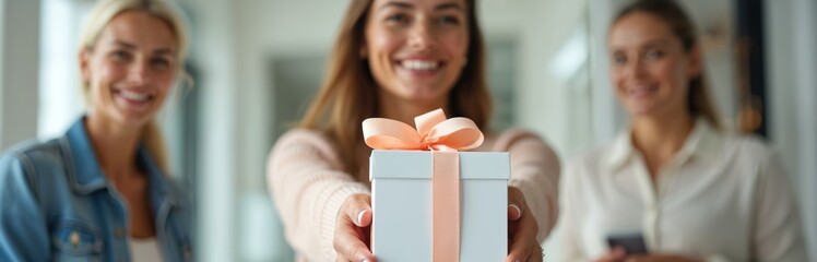 Women receive gift box with bow ribbon inside modern boutique store. Clients feel happy joy gratitude for premium reward. Customers smile enjoy surprise present.